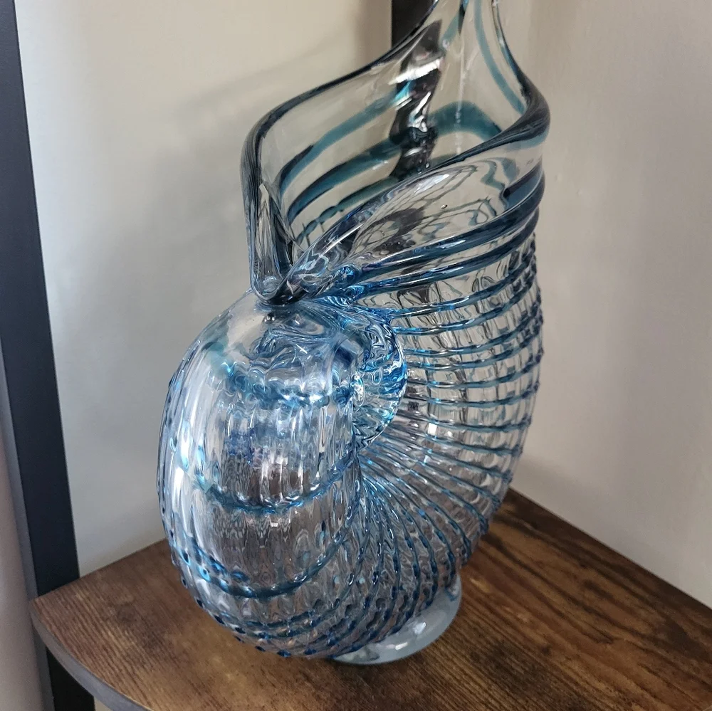 Blown Glass Blue Shell Conch Beach Nautilus Vase Statement Decor Whimsical